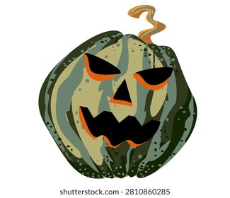 Green carved pumpkin with a spooky jack-o'-lantern face isolated on a white background. Stylized Halloween vector illustration featuring a unique decorative autumn squash.