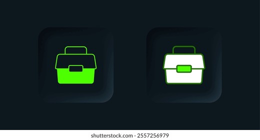 Green Case or box container for wobbler and gear fishing equipment icon isolated on black background. Fishing tackle. Black square button. Vector