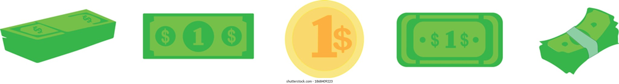 Green Cash And A Gold Coin On White Background. Green One Dollar Bill. A Wad Of Money Vector Illustration.