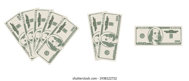 Green cash on white background. Green 100 dollar bill. A wad of money vector illustration. Banknote.