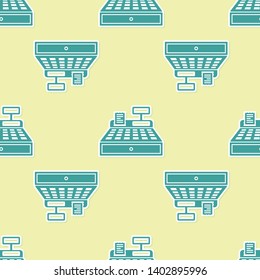 Green Cash register machine with a check icon isolated seamless pattern on yellow background. Cashier sign. Cashbox symbol. Vector Illustration