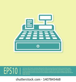 Green Cash register machine with a check icon isolated on yellow background. Cashier sign. Cashbox symbol. Vector Illustration