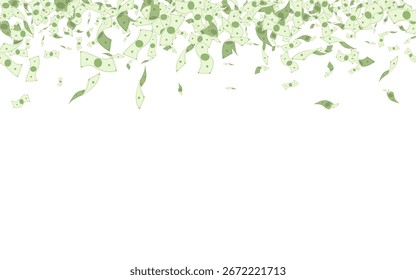 Green Cash Vector White Background. Monetary Confetti Poster. Business Paper Dollar Flyer. Falling Jackpot Casino Magazine.