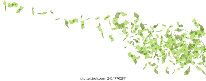 Green Cash Vector White Panoramic Background. Flow Currency Banner. Fly Flow Finance Card. Fall Money Falling Template.