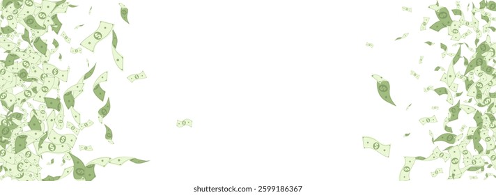 Green Cash Vector White Panoramic Background. Fall Confetti Magazine. Scatter Flow Jackpot Cover. Falling Finance Monetary Design.