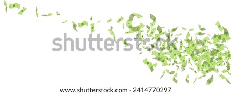 Green Cash Vector White Panoramic Background. Flow Currency Banner. Fly Flow Finance Card. Fall Money Falling Template.