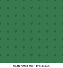 Green casino carpet. Vector poker seamless design. Card game casino table cloth texture.