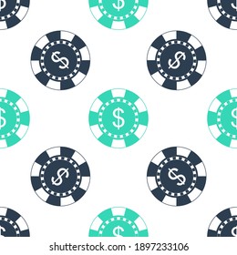 Green Casino Chip And Dollar Symbol Icon Isolated Seamless Pattern On White Background. Vector.