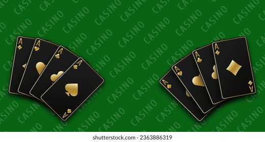 Green Casino table background. A hand fanned of playing cards consisting Ace of Spades, Diamonds, Clubs, Hearts. Vector illustration Casino of all the aces.