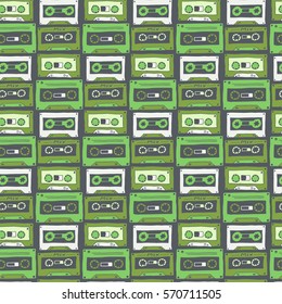 Green cassettes background, vector illustration hand drawn