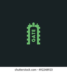 Green castle gate vector logo design with darkgreen background