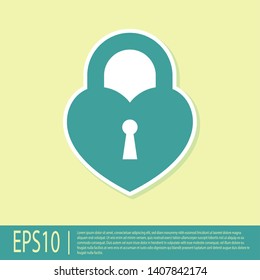 Green Castle in the shape of a heart icon isolated on yellow background. Locked Heart. Love symbol and keyhole sign. Vector Illustration
