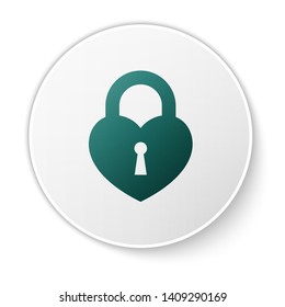 Green Castle in the shape of a heart icon isolated on white background. Locked Heart. Love symbol and keyhole sign. White circle button. Vector Illustration