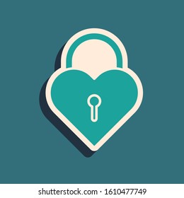 Green Castle in the shape of a heart icon isolated on blue background. Locked Heart. Love symbol and keyhole sign. Long shadow style. Vector Illustration