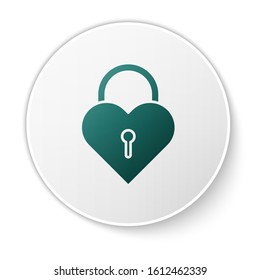 Green Castle in the shape of a heart icon isolated on white background. Locked Heart. Love symbol and keyhole sign. White circle button. Vector Illustration