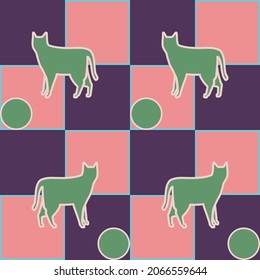 Grüne Katze mit einem Ball auf violettem und rosafarbenem Hintergrund für Textilien.