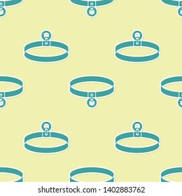 Green Cat collar with name tag icon isolated seamless pattern on yellow background. Simple supplies for domestic animal. Cat and dog care. Pet cat chains. Vector Illustration