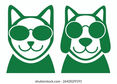 Green cat and dog silhouettes wearing sunglasses on a white background