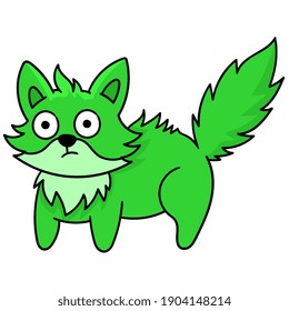 The green cat with the expression of goosebumps stood up, doodle draw kawaii. vector illustration art