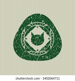 Green cat face icon inside distress rubber grunge seal