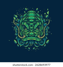 green cat fish artwork illustration with floral ornament