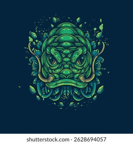 green cat fish artwork illustration with floral ornament