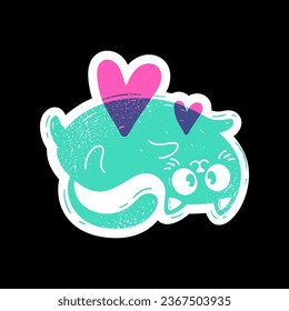 Green cat with heart lying on black background. Cute sticker character. Vector illustration isolated in risograph style