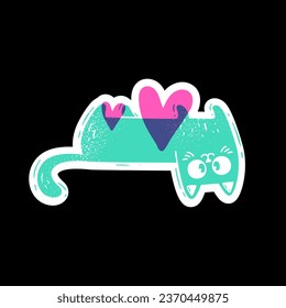 Green cat with heart lying on black background. Cute sticker character. Vector illustration isolated in risograph style