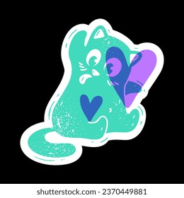 Green cat with a heart sits on a black background. Cute sticker character. Vector illustration isolated in risograph style