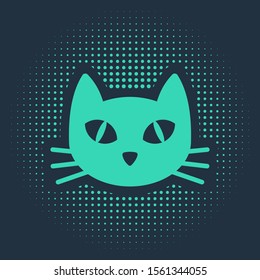 Green Cat icon isolated on blue background. Abstract circle random dots. Vector Illustration