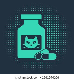 Green Cat medicine bottle and pills icon isolated on blue background. Container with pills. Prescription medicine for animal. Abstract circle random dots. Vector Illustration