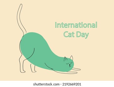 Green Cat Meditating. Yoga cat in line art style and green spot. Vector illustration