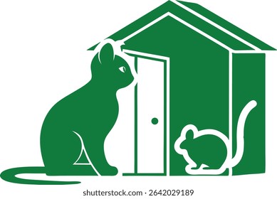 Green cat and mouse beside a house icon graphic design with transparency