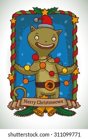 Green cat in Santa's costume holding christmas lights, Christmas frame for christmas card, vector