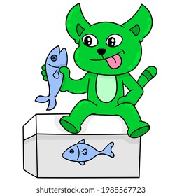 the green cat is sitting on the fish box wants to eat it, vector illustration art. doodle icon image kawaii.