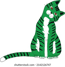 A green cat with a white breast and white cheeks. A vector file is useful for creating your designs.