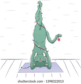 A green cat wrapped in a garland practices yoga on a mat.