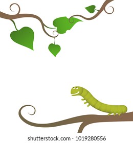 Green caterpillar and branch. Funny caterpillar on branch, vector illustration