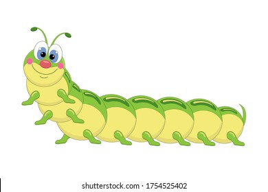 Green caterpillar cartoon. Pretty smiling caterpillar. Vector illustration.