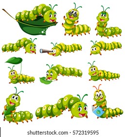 Green caterpillar character in different actions illustration