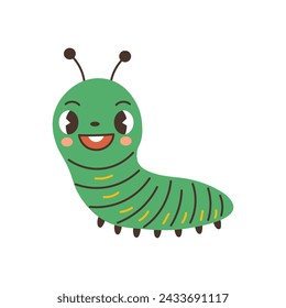 Green caterpillar character vector illustration. Cute cartoon bug. Happy insect clipart in flat style. Isolated on white background for baby and kids