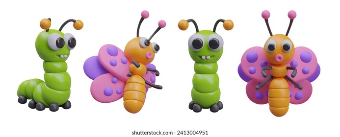 Green caterpillar and colorful butterfly. Realistic insects, front and side view. Stages of butterfly life cycle. Characters in different positions to create dynamic design