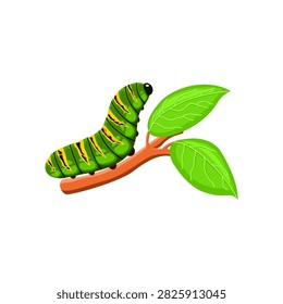 Green caterpillar crawling on a branch with leaves, showing the larval stage of butterfly metamorphosis in an educational style.