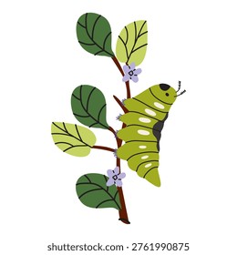 Green caterpillar crawling on a tree branch with leaves and flowers. Nature vector illustration