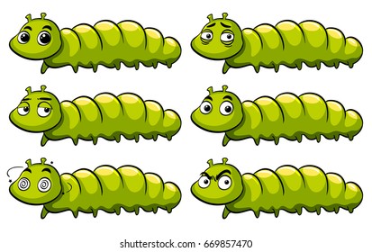 Green caterpillar with different emotions illustration