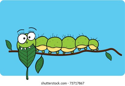 Green caterpillar eating lefes in cartoon style