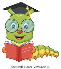 Green caterpillar in graduation cap and glasses reading book. Suitable for educational materials, graduation celebrations, insect themed designs, and nature illustrations. Vector illustration