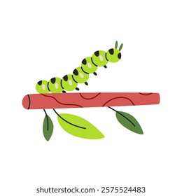 Green caterpillar insect on plant stick. Summer vermin and pest control. Flat vector illustration isolated on white background.