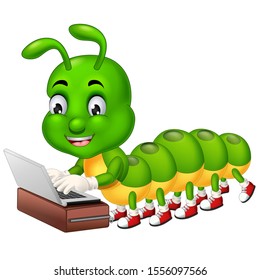 Green Caterpillar on Red Shoes With Laptop and Brown Suitcase Cartoon for your design