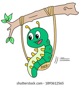 a green caterpillar playing swing on a tree branch, character cute doodle draw. vector illustration